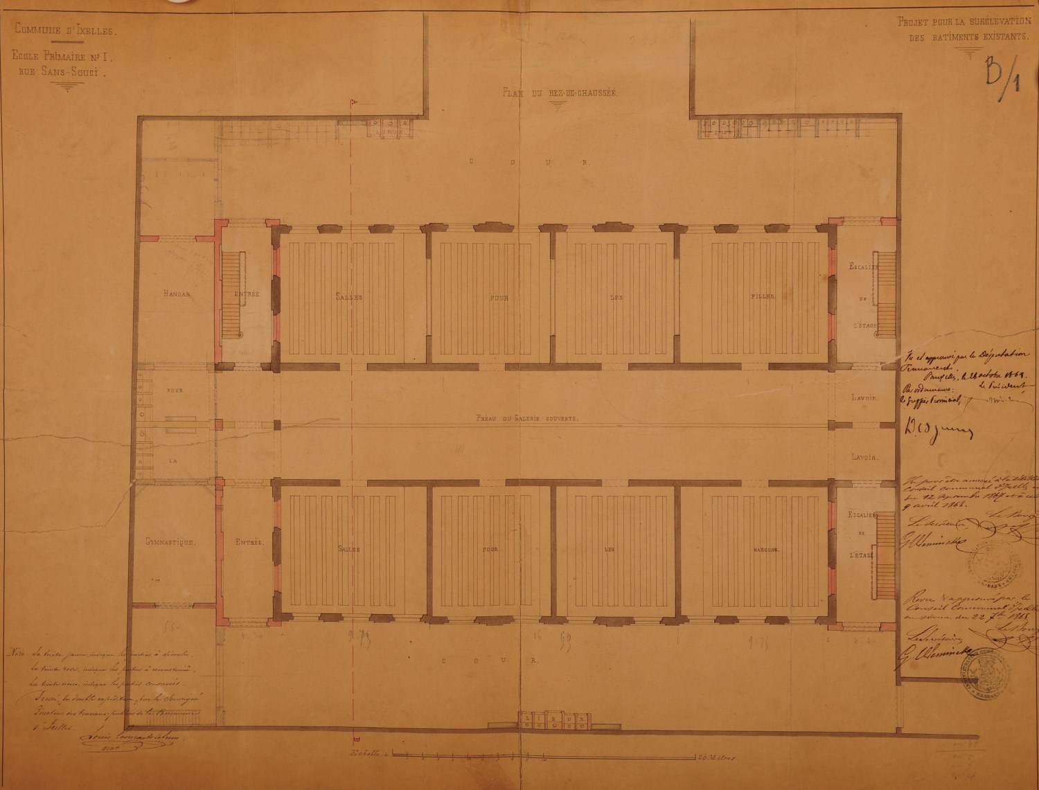 Plan du rez-de-chaussée de l'école primaire n°1, rue Sans-Souci, 1868